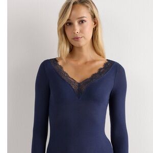 Intimissimi ultralight cashmere lace long sleeve shirt in navy, size m